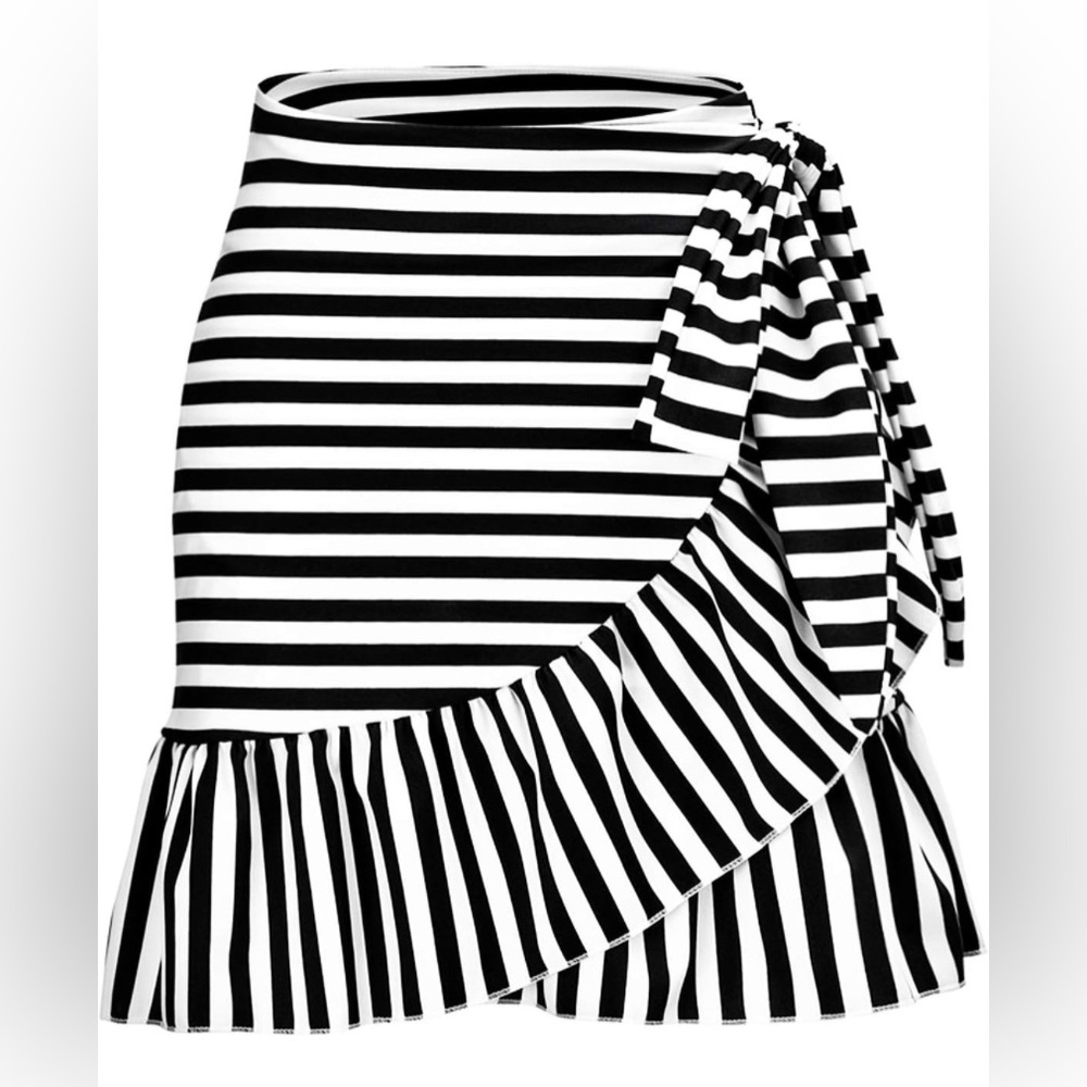 Wraparound Swimsuit Coverup Skirt Sarong B&W Stripe Fits Women’s Sz LG thru 2X